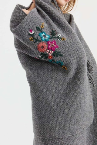 Desen Triko Kadın Triko Pirinç Örgü İşlemeli Yün Şal 23030 Füme