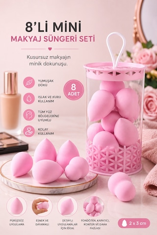 Mini Boy 8'li Pembe Makyaj Süngeri Seti- 2 Cm X 3 Cm Makyaj Uygulama Süngeri