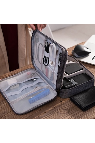 Vkemall Gri Üç Katlı Dijital Alet Çantası - Veri Kablosu, Powerbank Ve Kulaklık Saklama Çantası - Kaliteli Malzeme İle Dayanıklı