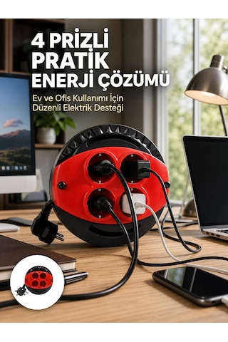 Northcity 3 Metre Uzatma Kablolu 4 Prizli Makara Kırmızı - Ev Ve Ofis İçin Güvenli Elektrik Çözümü 3 M