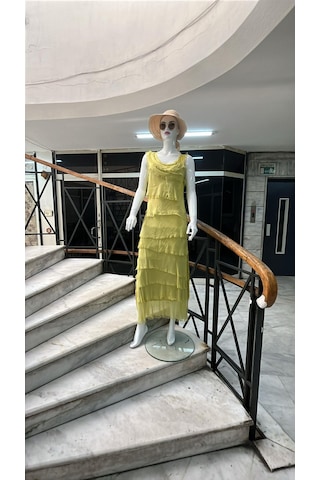 Italyan 2 Beden İnce Gösteren Kat Kat Sıfır Kol İpek Elbise-8769 Koyu Sarı