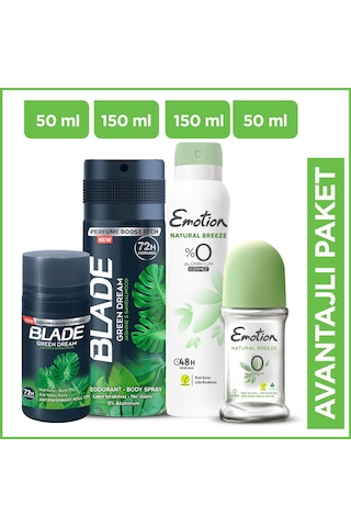 Emotion Natural Breeze Kadın Deodorant 150 ML + Roll-On 50 ML + Blade Green Dream Erkek Deodorant 150 ML + Green Dream Roll-On 50 ML