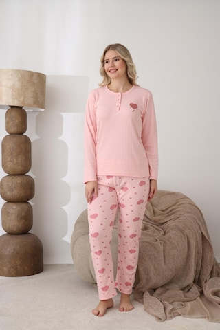 Boyraz Lindros Kadın Pamuk'lu Düğme Yaka Raporlu İnterlok Kışlık Pijama Takımı 0112 - 1 Adet Pembe