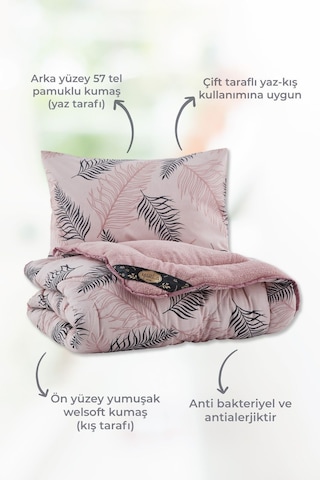 Palm Desenli Çift Kişilik Çift Taraflı Wellsoft Uyku Seti - Pembe - 195x215 Pembe Palm