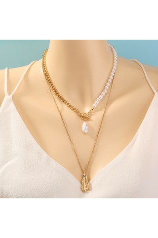 Chavin 2 Katmanlı Yapay Incil Gold Alloy Kadın Zincir Kolye En22 Altın