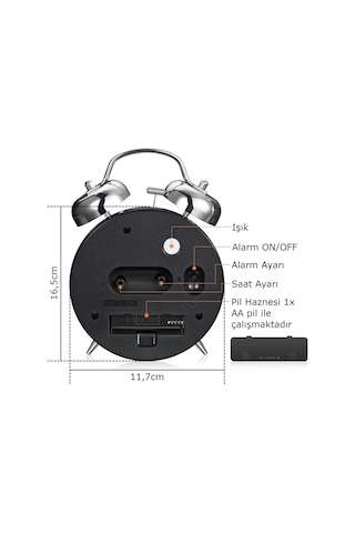 Valkyrie Akar Saniyeli Büyük Boy Nostaljik Analog Çalar Saat - Fosforlu Işıklı Alarmlı Yüksek Ses Hediyelik Saat Mavi