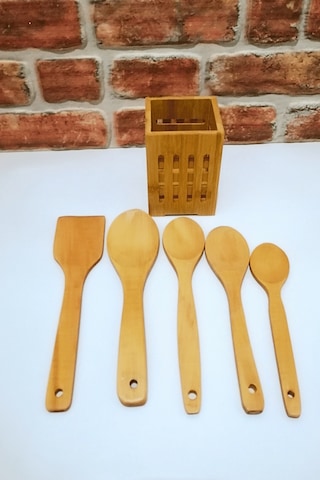 Kare Bambu Standlı - Ahşap Kaşık Spatula Servis Seti -6 Parça