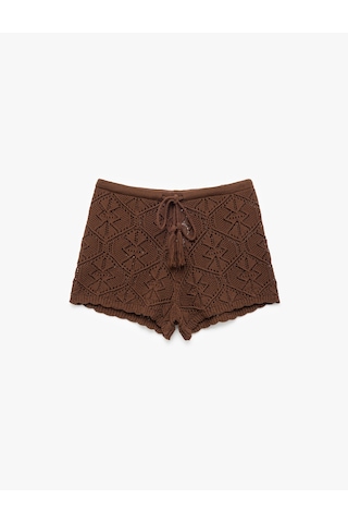 Koton Beli Bağcıklı Slim Mit Mini Triko Şort Kahverengi 5sal40004ıt Kahve