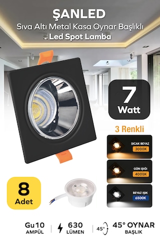 7w 3 Renkli Sıva Altı Kare Metal Siyah Krom Kasa Oynar Başlıklı Gu10 Led Spot 8 Adet Siyah - Krom