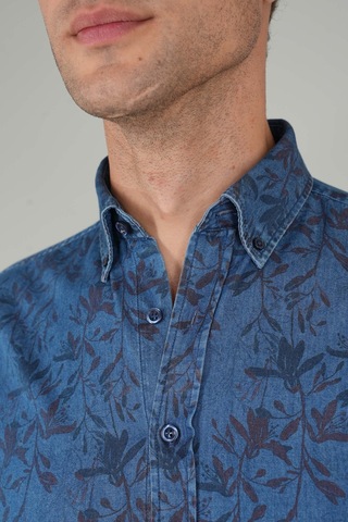 Bisse Erkek Uzun Kollu Spor Yaka Floral Desenli Denim Gömlek Gmjean252168 D39 Lacivert