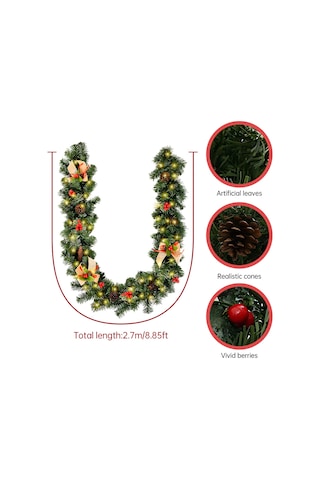 50 Led'li 8.8ft Noel Çelenk 8 Işık Modu Pille Çalışan Yeşil