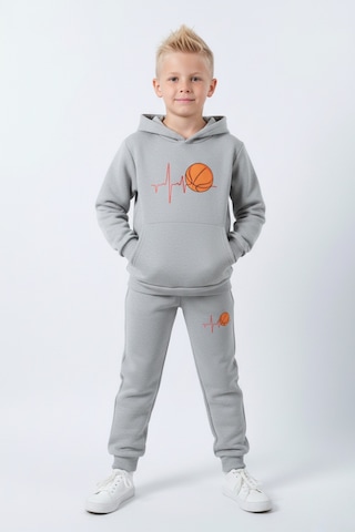 Fyk Kids 3 İplik Şardonlu Kışlık Nabız Basketbol Baskılı Kanguru Cepli Kapüşonlu Erkek Çocuk Eşofman Takımı Gri