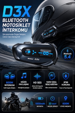 D3x Motosiklet İnterkom Bluetooth 5.4 Kask Kulaklığı 600 Metre Görüşme Hd Hoparlör Müzik Paylaşımı Ip56 Su Geçirmez