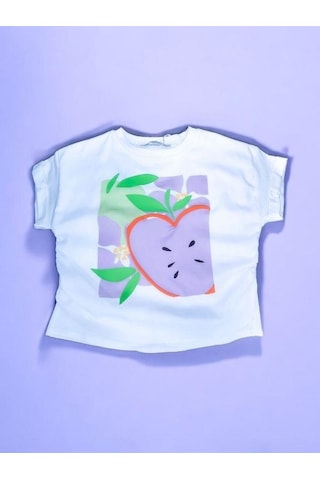 Kız Çocuk Pamuklu Elma Baskılı Bluz-14120 Ekru