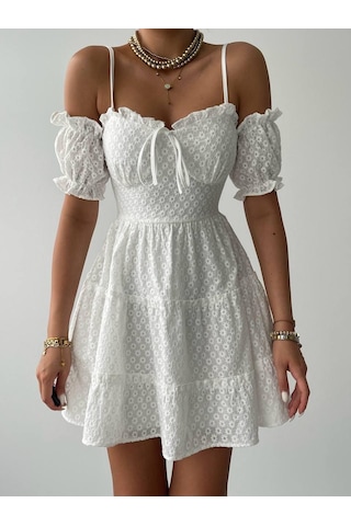 Tua Moda Lucca Kolu Lastikli Mini Elbise Beyaz