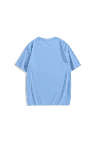 Erkek El Baskı Oversize Bebe Mavi Baskılı T-shirt - Bisiklet Yaka Kısa Kol Rahat Kalıp Tişört Bebe Mavi