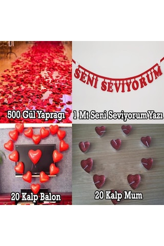 Evlilik Yıl Dönümü 500 Gül Yaprağı Kalp Balon+mum +yıldönümü Yazı