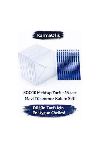 300 Lü Düğün Zarfı Seti + 15 Adet Mavi Tükenmez Kalem Toplu Düğün Zarfı Paketi