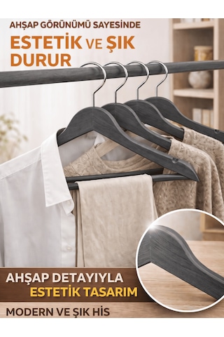 Beylini 3'lu Ahşap Görünümlü Plastik Askılık Yetişkin Kıyafetleri İçin Dayanıklı Elbise Gömlek Kancalı Askı Antrasit
