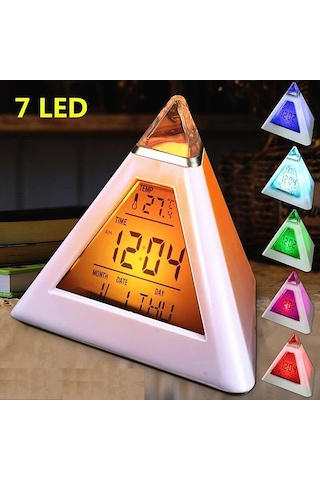 UpWay 7 Renkli Piramit Şekilli Dijital Led Çalar Saat Alarm Termo