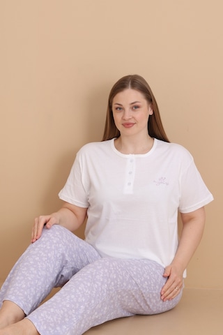 Wordex Mirano 4514 Çiçekli Kısa Kollu Pamuklu Penye Büyük Beden Kadın Pijama Takımı Ekru