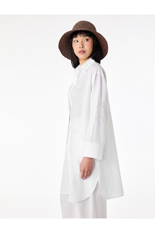 Koton Pamuklu Floral Nakış Detaylı Brodeli 3/4 Kollu Gömlek Yaka Oversize Tunik Elbise Kırık Beyaz 6sak60013ew Ekru
