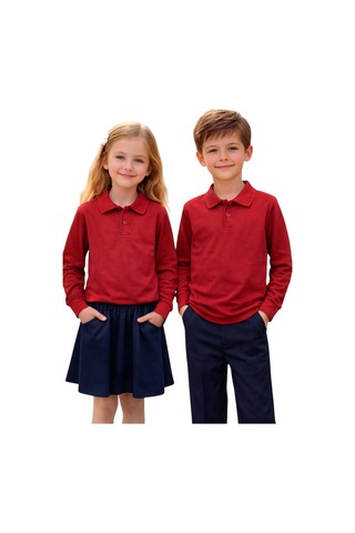 Erdem Kıds Unisex Kız Erkek Çocuk Polo Yaka Pamuklu Uzun Kol Kırmızı Günlük Basic Okul Tişört Kırmızı Kırmızı