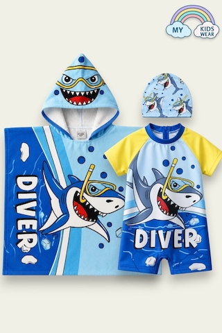 My Kids Wear Erkek Çocuk Deniz Kombini 2 Li Set Mayo, Havlu Ve Bone 12753 Beyaz - Mavi