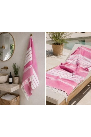 Pembe Beyaz Şeritli Yıkanmış Pamuk Peştemal Açık