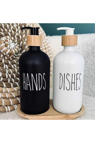 2 Li Hands Dishes Siyah Beyaz Dekoratif Mutfak Banyo Sıvı Cam Sabunluk Seti 500ml Bambu Stantlı Set Beyaz-siyah