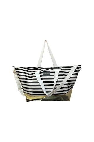Victoria's Secret Vs Siyah Beyaz Çizgili Gold Taban Askılı Duffle Carryall Tote Siyah