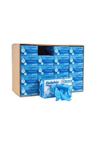 Dolphin Tek Kullanımlık Lateks Mavi Pudrasız Nitril Muayne Eldiveni Large Büyük Boy 100'lü 20 Paket