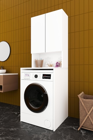Asra Trend - Çamaşır Makinesi Üstü Banyo Dolabı BD-01 - %100 MDF - İki Kapaklı Organizer Raf - Beyaz