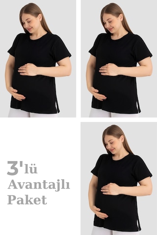 Arma Yıldız Pamuklu Kısa Kollu Hamile Tişört Siyah 3'lü Paket Yumuşak Ve Rahat Hamile Giyim