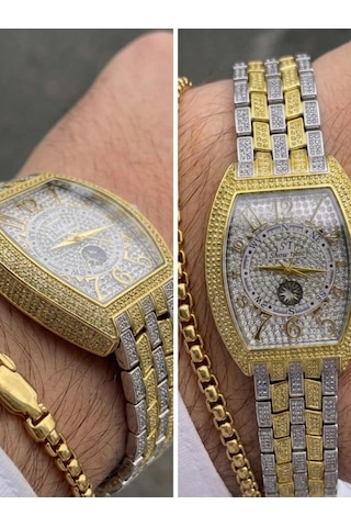 Erkek Taş İşlemeli Çelik Kol Saati Lüks Quartz Erkek Saati Premium Tasarım Bileklik Hediyeli Şık Erkek Kol Saati Çok Renkli-25 Cm