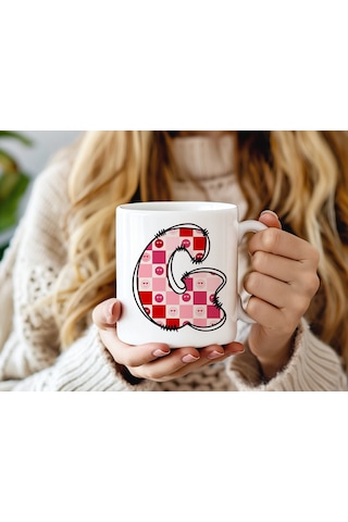 G Harfi Pembe Kareli Kalpli Göz Emojili Kupa Bardak Eğlenceli Kareli Tasarım Kahve Çay Kupası 07 Beyaz