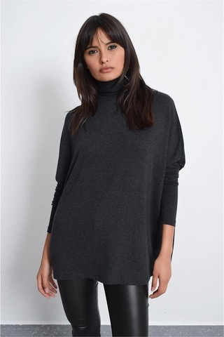 WeShaya Kadın Antrasit Yeni Moda Uzun Kol Oversize Kesim Basic Örme Bluz Antrasit