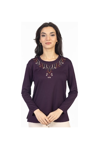 Yeni Model 2024 Nakış İşlemeli Yuvarlak Yaka Likralı Anne Penye Bluz 6450-mürdüm