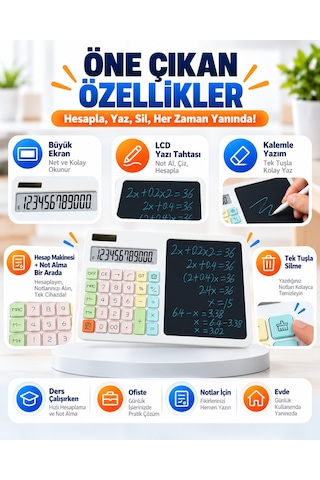 12 Haneli Güneş Enerjili Hesap Makinesi Lcd Yazı Tabletli Kalemli Pastel Renkli Masaüstü Hesap Makinesi Not Tableti Beyaz