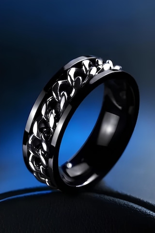 Ortası Dönebilen Zincirli Erkek Kadın Anti-stres Çelik Alyans Yüzük Cl43 Beyaz - Siyah