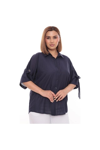 Lady Majestic Cotton Büyük Beden Kadın Pamuklu Gömlek Rahat Kesim, Düğmeli, Volan Kol Detaylı Lacivert
