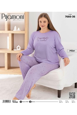 Pijamoni Kadın Milan Büyük Beden Bisiklet Yaka Uzun Kol İnce Pijama Takımı 7666/36 - 1 Adet Lila