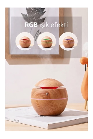 Prime Home Oval 200ml Hava Nemlendirici - 7 Renk Rgb Işıklı Difüzör - Type-c Girişli Aromaterapi Regular Açık Ahşap