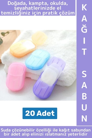 Seyahat Tipi Kamp Outdoor Okul Ofis Hafif Suda Kolay Çözünen Sabunluk Tasarımlı Kağıt Sabun 20 Adet Çok Renkli