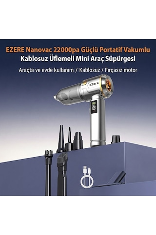 zere Nanovac 22000pa Güçlü Portatif Vakumlu Kablosuz Üflemeli Mini Araç Süpürgesi