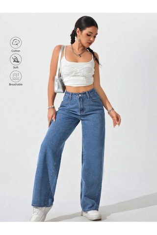 Blue Marlın Kadin Yüksek Bel Mavi Boyfriend Bol Paça Pantolon Lacivert