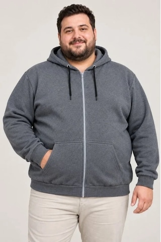 Zennamoda Erkek Battal Büyük Beden Üç İplik İçi Şardonlu Kapüşonlu Tam Fermuarlı Kışlık Sweatshirt - Füme