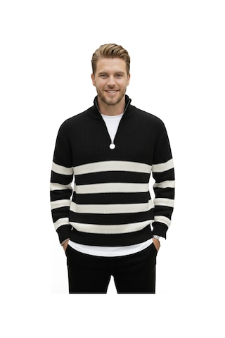 Deepsea Erkek Siyah Yarım Fermuarlı Oversize Kesim Triko Kazak Pamuklu Yumuşak Örgü Çizgili Kazak 2608513 Siyah