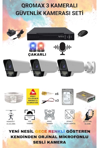 3 Kameralı Set - Yapay Zeka Özellikli Gece Renkli Sesli Fullhd 5mp Lensli 9 Warm Ve Çakar Ledli Güvenlik Kamerası Seti 5909ws-104