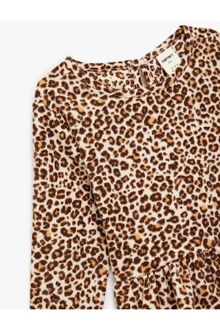 Koton Leopar Desenli Uzun Kollu Bisiklet Yaka Tişört Bej Desenli 6wmg10204ak Ekru Desenli